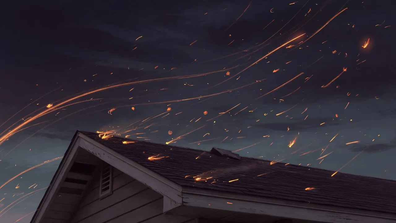 Illustration: wind-driven embers streaming over a roofline at night