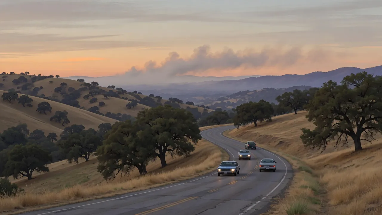 Illustration: a two-lane foothill road at dawn with a few cars leaving calmly, smoke far behind