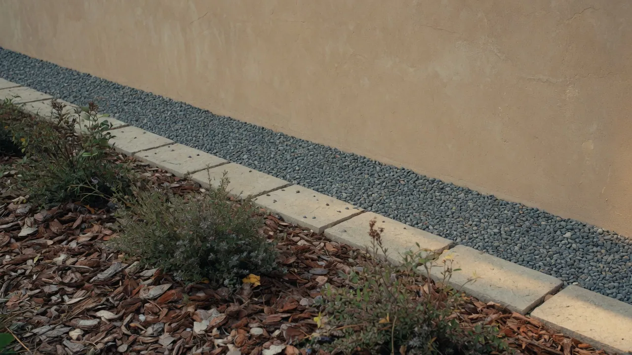 Illustration: a clean gravel strip along a house foundation, with bark mulch and shrubs beyond it